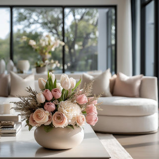 A luxury floral arrangement in a round vase with warm coral true blood real touch artificial tulips styled on a modern coffee table in a luxury modern contemporary luxury living room 