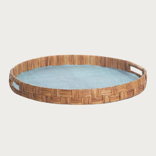 20-inch round abaca woven cane tray with silk-lined interior and side handles