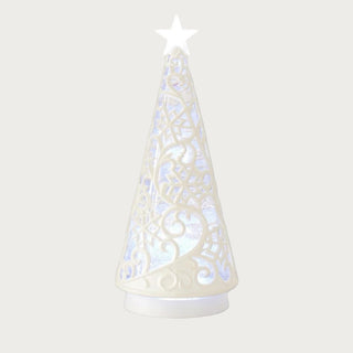 12-inch white laser cutout LED water spinning tree with delicate swirl pattern and soft glowing light, shown against a neutral background for modern holiday décor inspiration by Third & Main