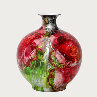 hand painted porcelain vase with crimson floral artwork and rounded statement silhouette for luxury dining table and console styling