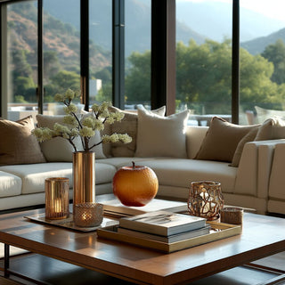 Amber glass decorative apple with gold-colored brass stem styled on modern coffee table with candles, books, and floral accents in neutral living room.
