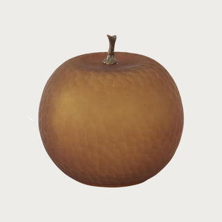Amber glass decorative apple with hammered texture and gold-colored brass stem, 6.5 inches high by 7.5 inches wide.