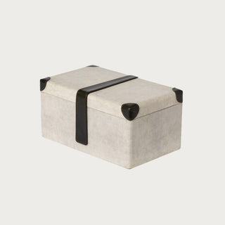 Antique-inspired decorative canvas storage box with black leather strap and corner detailing, ideal for stylish home organization or shelf display. Modern Traditional, Modern Farmhouse, Fall Decor
