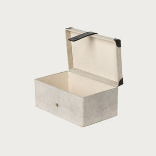 Antique-inspired decorative canvas storage box with black leather strap and corner detailing, ideal for stylish home organization or shelf display. Modern Traditional, Modern Farmhouse, Fall Decor