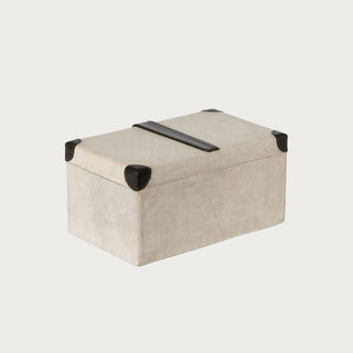 Antique-inspired decorative canvas storage box with black leather strap and corner detailing, ideal for stylish home organization or shelf display. Modern Traditional, Modern Farmhouse, Fall Decor