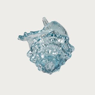 Front detail of the Aqua Lagoon Glass Seashell showing ridged aqua glass, shell-inspired texture, and reflective coastal detail for coffee table, shelf, or bathroom styling.
