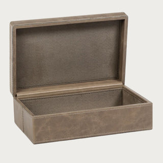 Open Belmont Mink Brown Leather Box showing the suede interior, stitched leather exterior, lidded construction, and rectangular storage design.