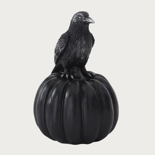 8.25 Inch Black Resin Evermore Crow & Pumpkin with a sculpted crow, subtle silver feather detail, black pumpkin base, and moody Halloween finish.
