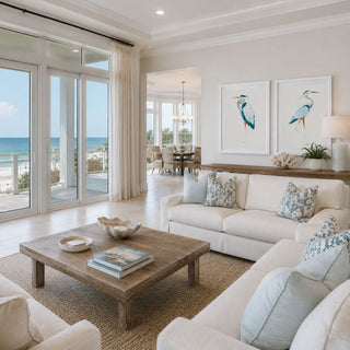 A bright coastal living space layered with soft blue accents, warm natural textures, and the Blue Heron Print Set for an effortlessly elevated beach-inspired interior.