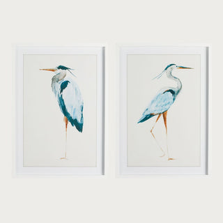 set of two framed blue heron watercolor prints with white frames for coastal dining room and transitional home decor