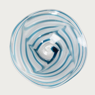Top view of the Blue Ocean Swirl Glass Bowl showing blue and white swirl glass pattern, reflective finish, and shallow shape for decorative filler and tabletop styling.