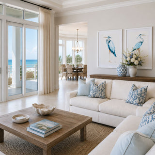 A bright coastal living space layered with soft blue accents, collected ceramics, warm natural textures, and ocean-inspired artwork for an effortlessly elevated beach house aesthetic.