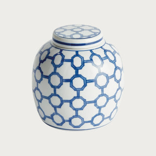 blue and white ceramic decorative jar with woven trellis pattern and glossy finish for shelf and coastal home styling
