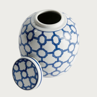 blue and white ceramic decorative jar with woven trellis pattern and glossy finish for shelf and coastal home styling