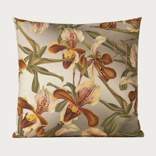 Briarwood Orchid Pillow with printed orchid artwork in warm brown, cream, olive green, and soft neutral tones on plush velvet fabric.