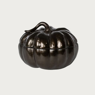 Bronze ceramic pumpkin-shaped bowl with a curved stem lid, perfect for elegant fall decorating or serving seasonal treats. Modern Farmhouse, Fall Decor