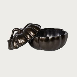 Bronze ceramic pumpkin-shaped bowl with a curved stem lid, perfect for elegant fall decorating or serving seasonal treats. Modern Farmhouse, Fall Decor