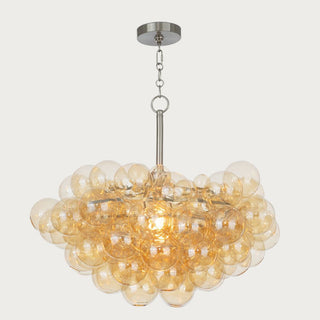 Contemporary chandelier featuring round amber glass bubbles clustered on a brass frame, elegant ceiling light fixture for modern interiors. Brushed Nickel finish, Home Decor, Third & Main, Regina Andrews Lighting, Luxury Lighting, Contemporary Lighting, Fall Decor