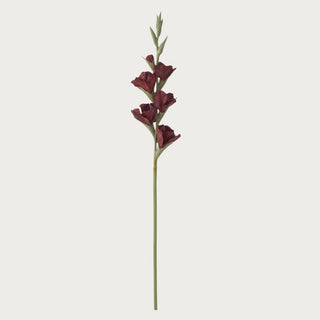 Burgundy True Bloom real touch gladiolus stem with lifelike blooms and natural green stem on a clean neutral background
