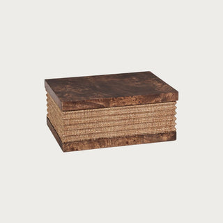 Small decorative storage box with burl wood top and base, wrapped in woven natural raffia, elegant keepsake or jewelry box for coffee table or shelf styling, Fall Decor