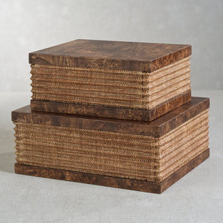 decorative storage box with burl wood top and base, wrapped in woven natural raffia, elegant keepsake or jewelry box for coffee table or shelf styling, Fall Decor