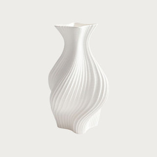 Calista white contemporary ceramic vase with sculptural swirling form and matte finish