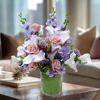 The Calla Composition faux floral arrangement with lavender calla lilies, white calla lilies, True Bloom lilac/pink colored  roses, lavender  multi-toned real touch sedum stems, True Bloom delphinium – True Bloom Floral by Third & Main, Real Touch Luxury Floral arrangement