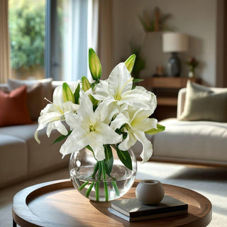 Casablanca lily faux floral arrangement styled on an entryway table with soft natural light, featuring realistic faux water and an elevated quiet luxury look perfect for refined spring home décor.