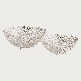 silver decorative aluminum bowls with organic branch inspired openwork design for luxury console and centerpiece styling