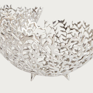 silver decorative aluminum bowls with organic branch inspired openwork design for luxury console and centerpiece styling