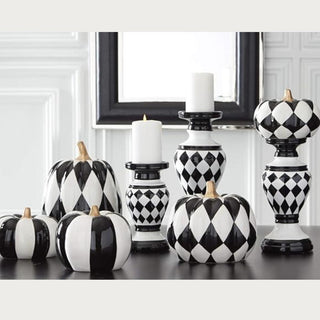 Ceramic Black & White Harlequin Pumpkins With Gold Stems, Fall Decor, Halloween Decor, Pumpkin, Harlequin Pumpkin, Home Decor, Third & Main