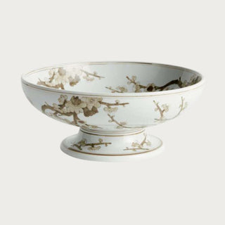 Ceramic Empress Footed Bowl, 13.75-inch diameter, cream glaze with golden-brown plum blossom motif – handcrafted centerpiece bowl.