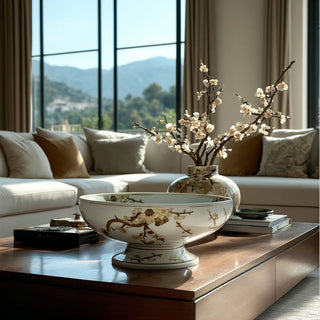 Ceramic Empress Footed Bowl with golden-brown plum blossom design styled on coffee table with coordinating vase and neutral sofa.
