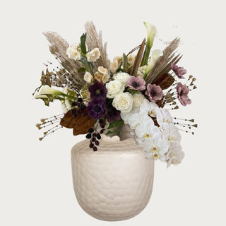 Autumn Champagne Floral Bundle shown as a representation of petite, mid, and grand size options with creamy florals, plum accents, pampas, and fall foliage.
