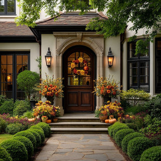 Classic front porch with 25-inch fall wreath of peonies, dahlias, and sunflowers, green satin ribbon, and seasonal planters.