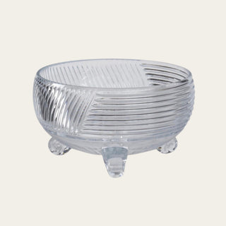 Clear Glass Pressed Footed Bowl with textured glass detail and footed base, designed for low faux floral centerpieces, greenery, decorative filler, seasonal accents, and tabletop styling.