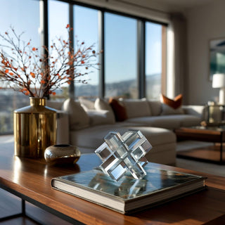 Clear Crystal Interlocking Sculpture styled in a modern contemporary decor living room 