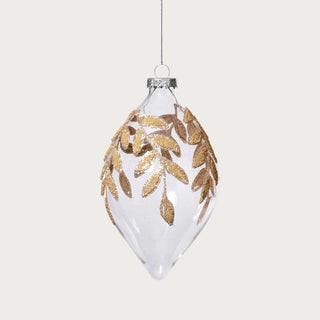 Clear glass ornament with intricate gold beaded leaf detailing and satin ribbon – luxurious handcrafted 6-inch ornament for holiday decorating.