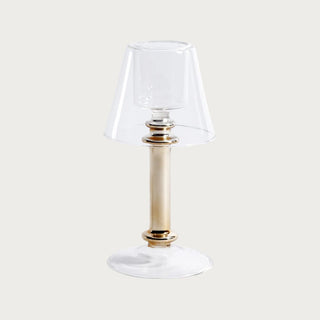 Clear and gold tealight lamp with glass shade and polished metallic stem — elegant modern candlelight décor by Third & Main.