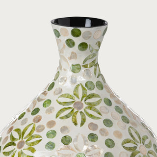 Close-up of the Capraia Pearl Garden Vase showing pearl capiz shell texture, soft green floral and dot detailing, and reflective botanical inlay for coastal and garden-inspired home decor.
