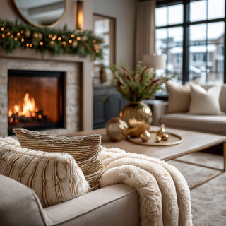 Close-up of light brown faux fur throw blanket layered on a sofa beside textured pillows and gold holiday decor.