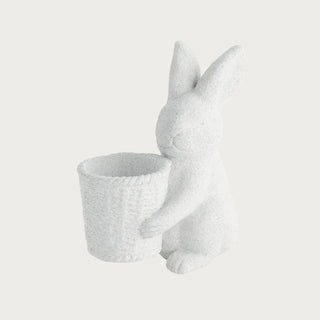 Concrete bunny planter with woven basket detail, perfect for spring home décor. Decorative indoor or covered outdoor bunny accent, ideal for faux florals or mini drop-in pots.