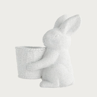 Concrete bunny planter with woven basket detail, perfect for spring home décor. Decorative indoor or covered outdoor bunny accent, ideal for faux florals or mini drop-in pots.