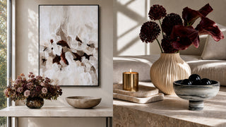 Split view image of contemporary curated decor collection for fall 2026. Featuring marble black bowl with black glass balls & an abstract painting in burgundy and cream colors