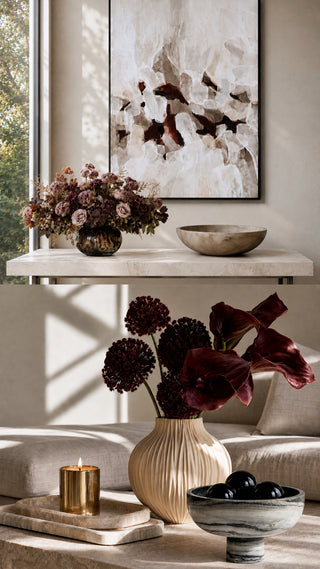 Split view image of contemporary curated decor collection for fall 2026. Featuring marble black bowl with black glass balls & an abstract painting in burgundy and cream colors