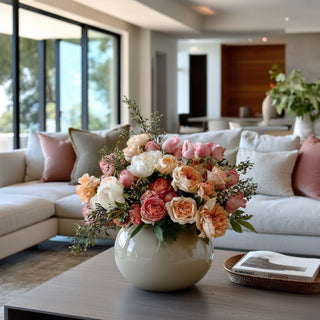 Large spring floral arrangement featuring coral rose buds, ivory blooms, muted peach florals, and seasonal greenery in a matte ceramic vase on a modern coffee table in a light-filled living room.