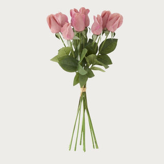 Coral True Bloom real touch rose bud bundle with nine lifelike stems, featuring soft coral petals and natural green foliage, photographed on a clean neutral background.