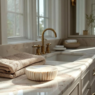 cream ribbed soap dish styled on marble bathroom countertop with folded neutral towels and brass faucet in soft natural light