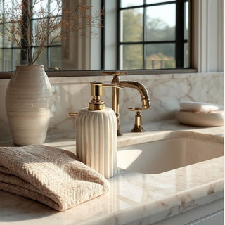 cream ribbed soap dispenser with gold pump styled on marble bathroom countertop with warm neutral decor and brass faucet in natural light