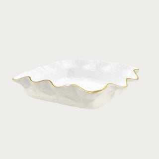 cream and white casserole holder with gold trim designed for 8x8 baking dish for elegant table serving